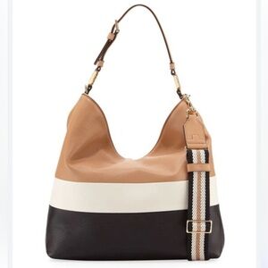 Duet Striped Leather Hobo in cream, tan, and black pebbled leather